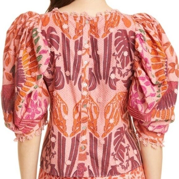 FARM Rio “Ainika Macaws” Puff-Sleeve Cotton Blouse • Size XL • Tropical Print - Picture 2 of 16